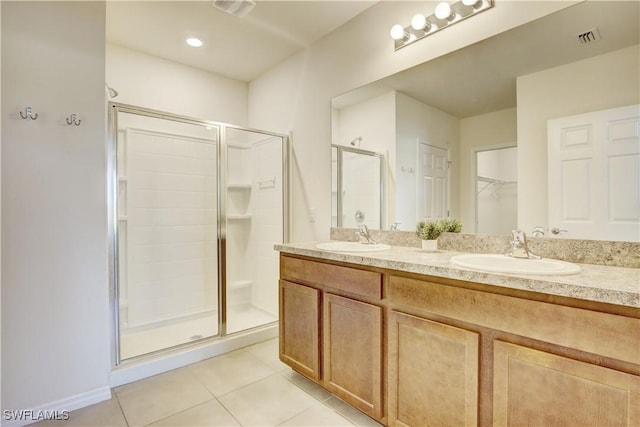 full bath featuring a stall shower, visible vents, a sink, and tile patterned floors