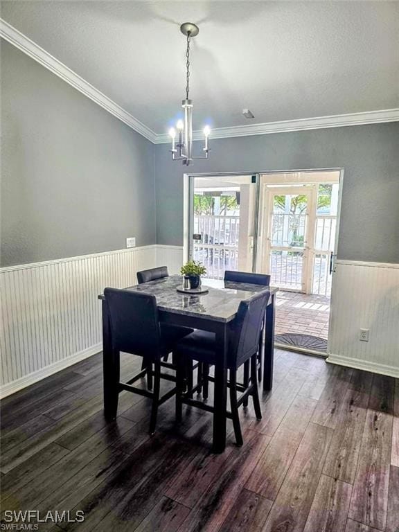 dining space with a healthy amount of sunlight, dark wood finished floors, and wainscoting