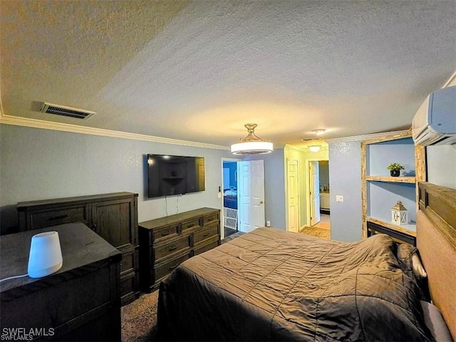 carpeted bedroom featuring a textured ceiling, a wall unit AC, visible vents, and crown molding