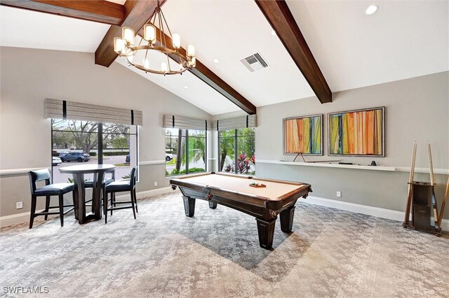 game room with carpet, baseboards, a chandelier, recessed lighting, and billiards