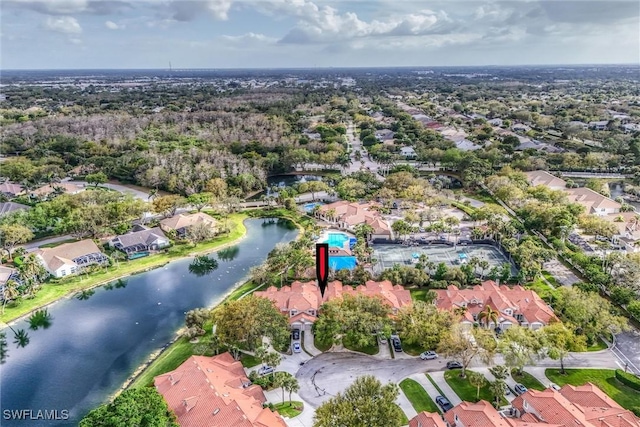 aerial view featuring a water view and a residential view