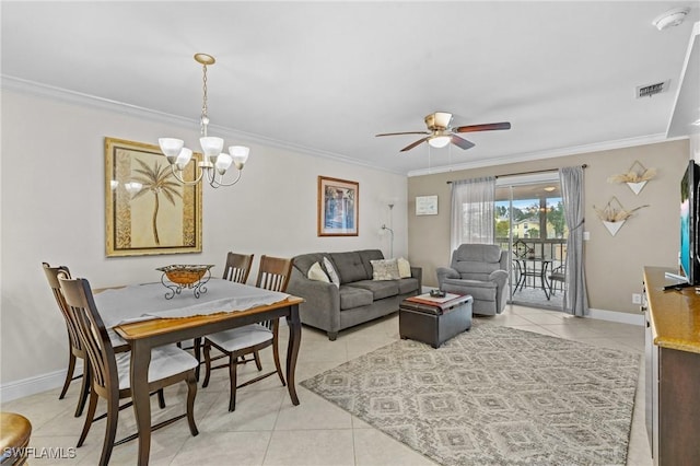 living room featuring crown molding, light tile patterned floors, baseboards, and visible vents