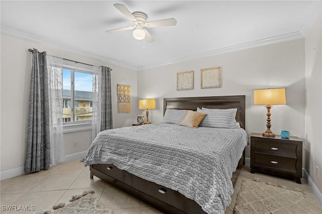 bedroom with light tile patterned floors, baseboards, and ornamental molding