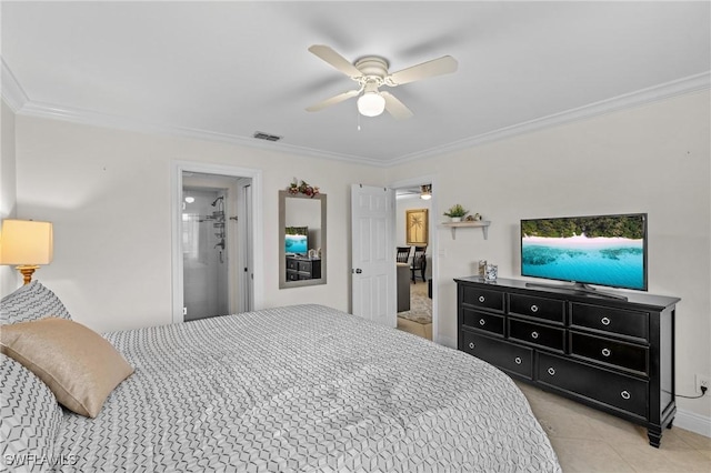 bedroom featuring visible vents, baseboards, ornamental molding, and a ceiling fan