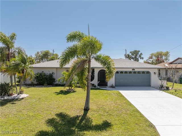 view of front of property with driveway, an attached garage, a front yard, and stucco siding