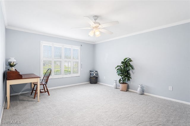 office space with baseboards, carpet floors, ceiling fan, and crown molding