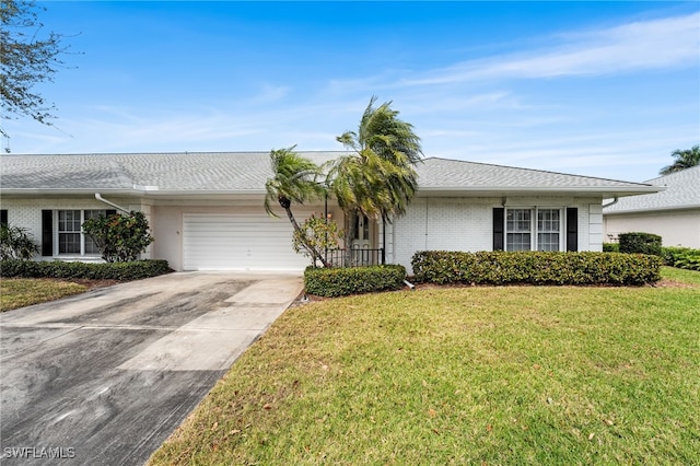 single story home featuring driveway, brick siding, a shingled roof, an attached garage, and a front yard