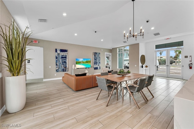 dining room with recessed lighting, visible vents, french doors, and wood finish floors