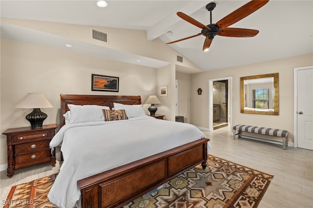 bedroom featuring visible vents, light wood-style floors, ceiling fan, and vaulted ceiling with beams