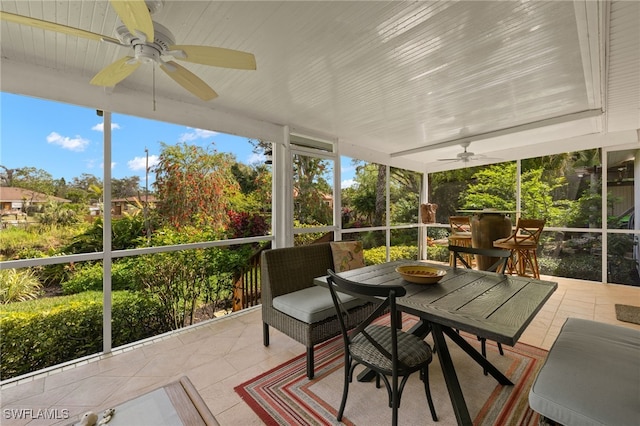 sunroom with wood ceiling and a ceiling fan