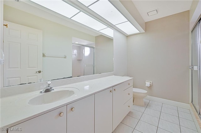 full bath featuring a skylight, toilet, a stall shower, vanity, and tile patterned flooring