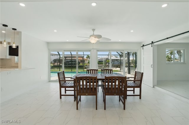 8 Bayview Blvd, Fort Myers Beach, FL 33931 - dining area with plenty of natural light, marble finish floor, a ceiling fan, and recessed lighting