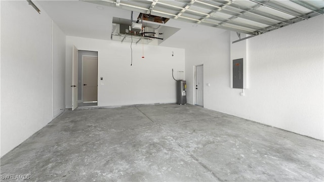 garage with electric panel and electric water heater