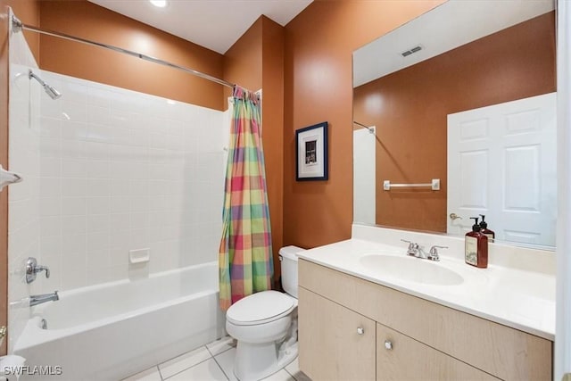 bathroom with visible vents, toilet, shower / bath combo, tile patterned flooring, and vanity