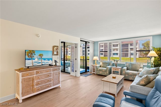 living room featuring baseboards and light wood-style floors