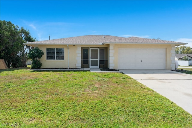 single story home featuring an attached garage, stucco siding, concrete driveway, and a front yard