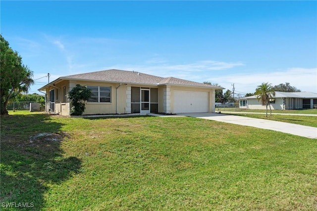 single story home featuring driveway, a garage, a front lawn, and stucco siding