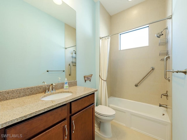 bathroom with tile patterned floors, vanity, toilet, and shower / tub combo with curtain