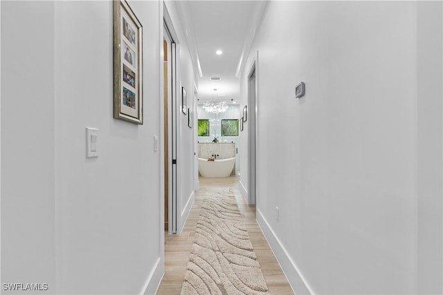 hallway featuring light wood finished floors, baseboards, and recessed lighting