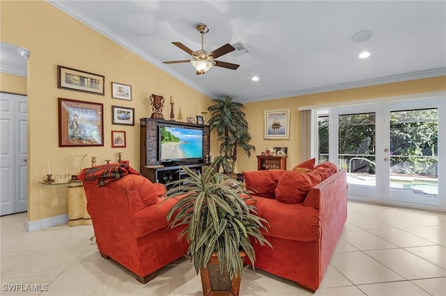 living area with visible vents, vaulted ceiling, crown molding, and light tile patterned flooring