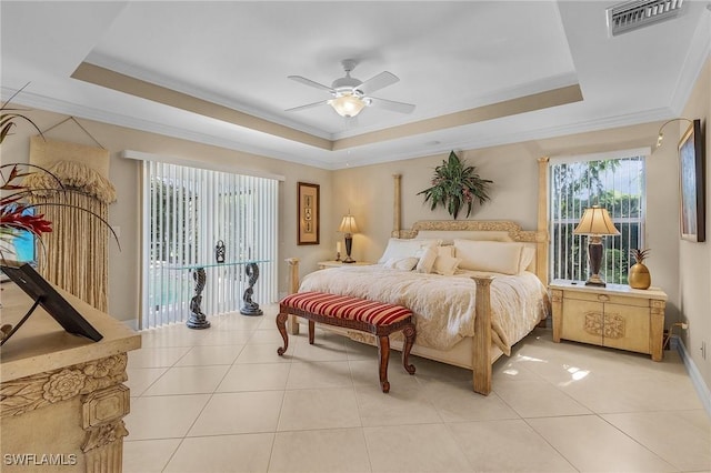 bedroom featuring light tile patterned floors, visible vents, access to outside, a raised ceiling, and crown molding