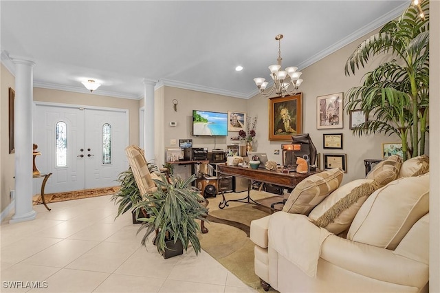 living area featuring light tile patterned floors, ornamental molding, decorative columns, and a notable chandelier