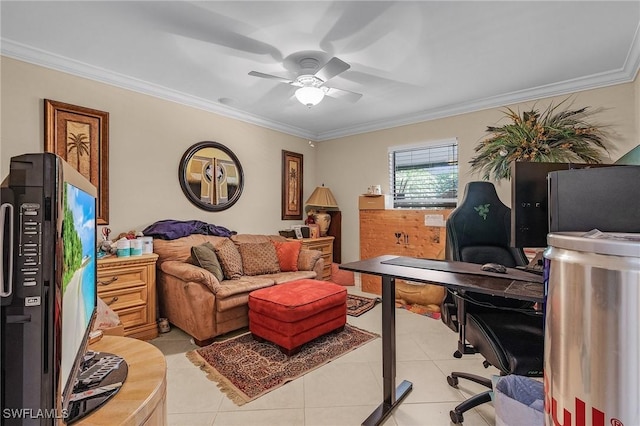 home office with light tile patterned floors, a ceiling fan, and crown molding