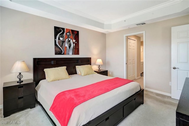 bedroom featuring light carpet, baseboards, visible vents, and crown molding