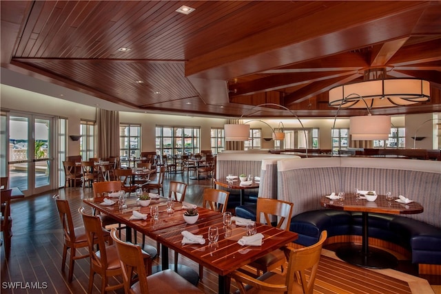 dining area featuring wooden ceiling, french doors, and wood finished floors