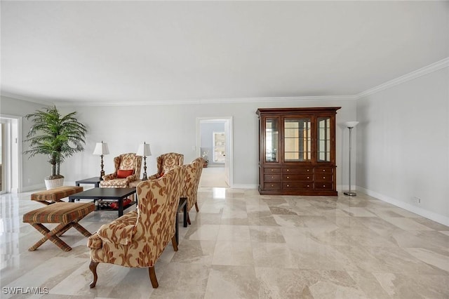 dining space featuring crown molding and baseboards