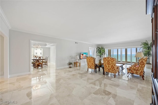 living area with marble finish floor, a notable chandelier, crown molding, visible vents, and baseboards