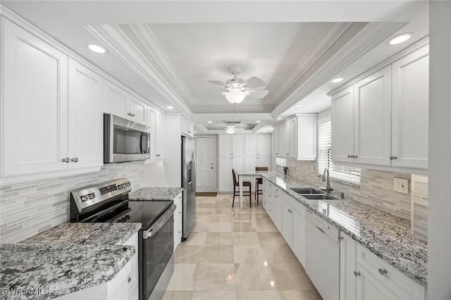 kitchen featuring a raised ceiling, decorative backsplash, appliances with stainless steel finishes, white cabinets, and a sink