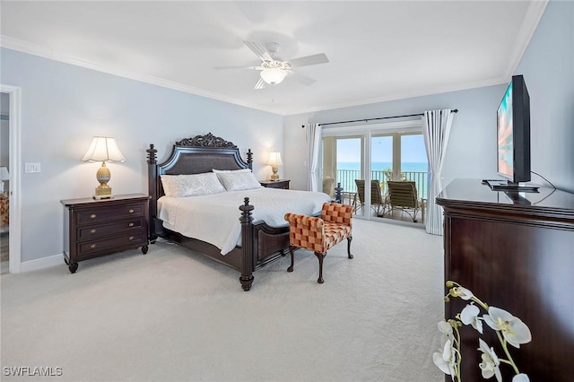 bedroom with access to exterior, light carpet, crown molding, and baseboards