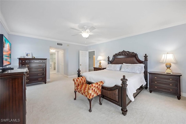 bedroom with light carpet, ornamental molding, visible vents, and baseboards