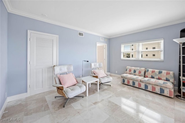 living area featuring baseboards, visible vents, and crown molding