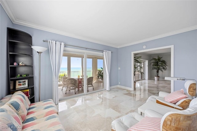 living area featuring ornamental molding, marble finish floor, a water view, and baseboards