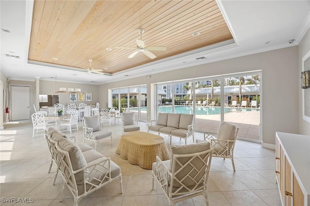 interior space featuring wood ceiling, visible vents, and a raised ceiling