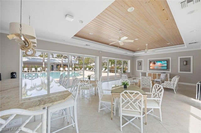 sunroom featuring wood ceiling, a raised ceiling, and visible vents