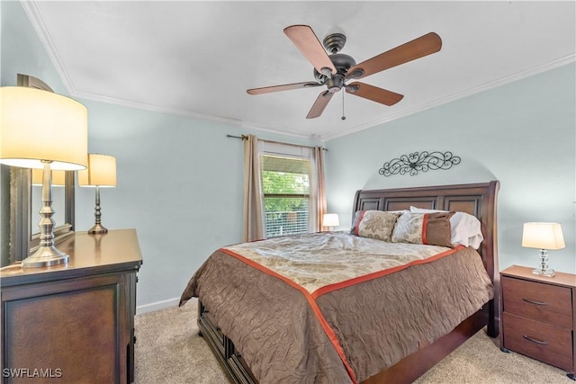 bedroom with light carpet, baseboards, a ceiling fan, and crown molding