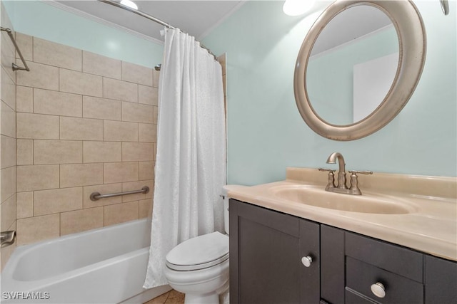 full bathroom with ornamental molding, shower / bath combo with shower curtain, vanity, and toilet