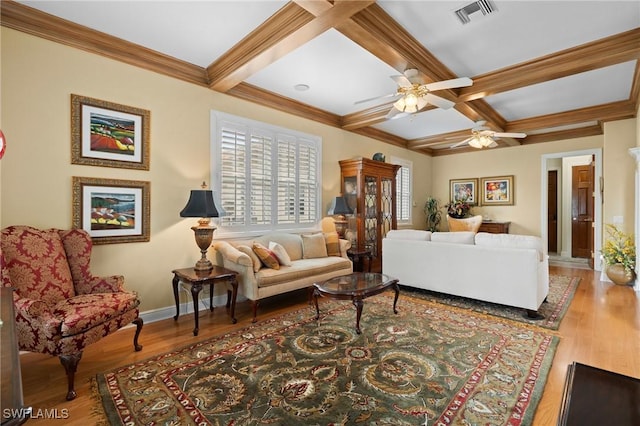 living area featuring coffered ceiling, wood finished floors, visible vents, baseboards, and beamed ceiling