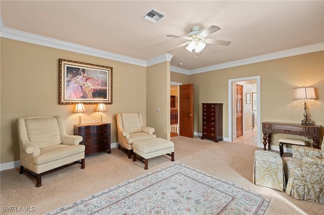 living area featuring ornamental molding, carpet, visible vents, and baseboards