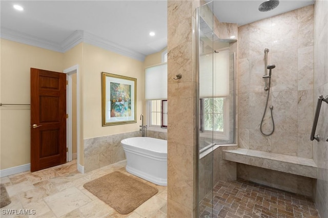 bathroom featuring tiled shower, a soaking tub, recessed lighting, and crown molding