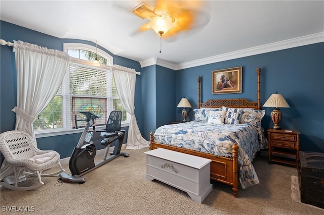 bedroom featuring carpet floors, ceiling fan, ornamental molding, and baseboards