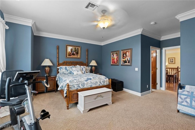 bedroom with carpet floors, baseboards, visible vents, and ornamental molding