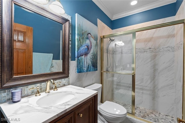 full bathroom with ornamental molding, a shower stall, toilet, and decorative backsplash