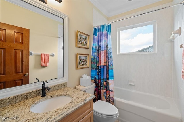 full bathroom featuring shower / tub combo, vanity, and toilet