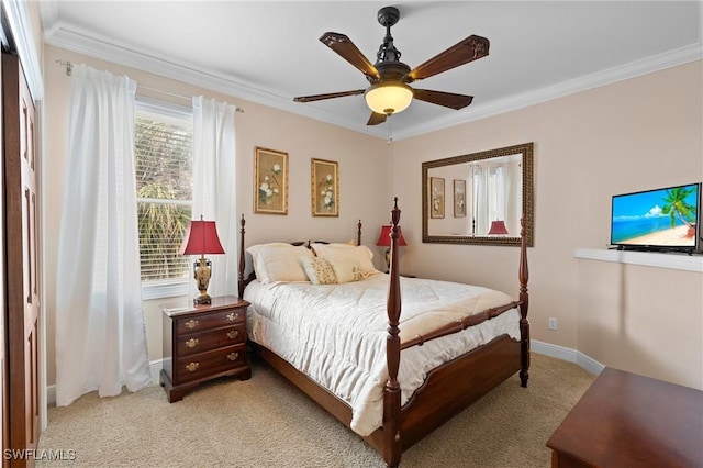 bedroom featuring a ceiling fan, light colored carpet, crown molding, and baseboards