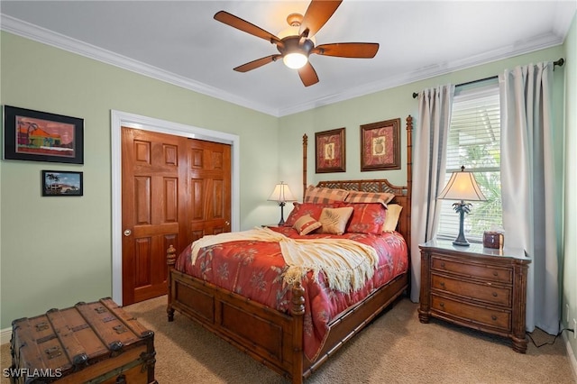 bedroom with light carpet, ceiling fan, and ornamental molding