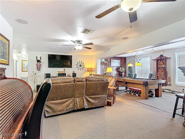 interior space featuring a ceiling fan, pool table, and visible vents